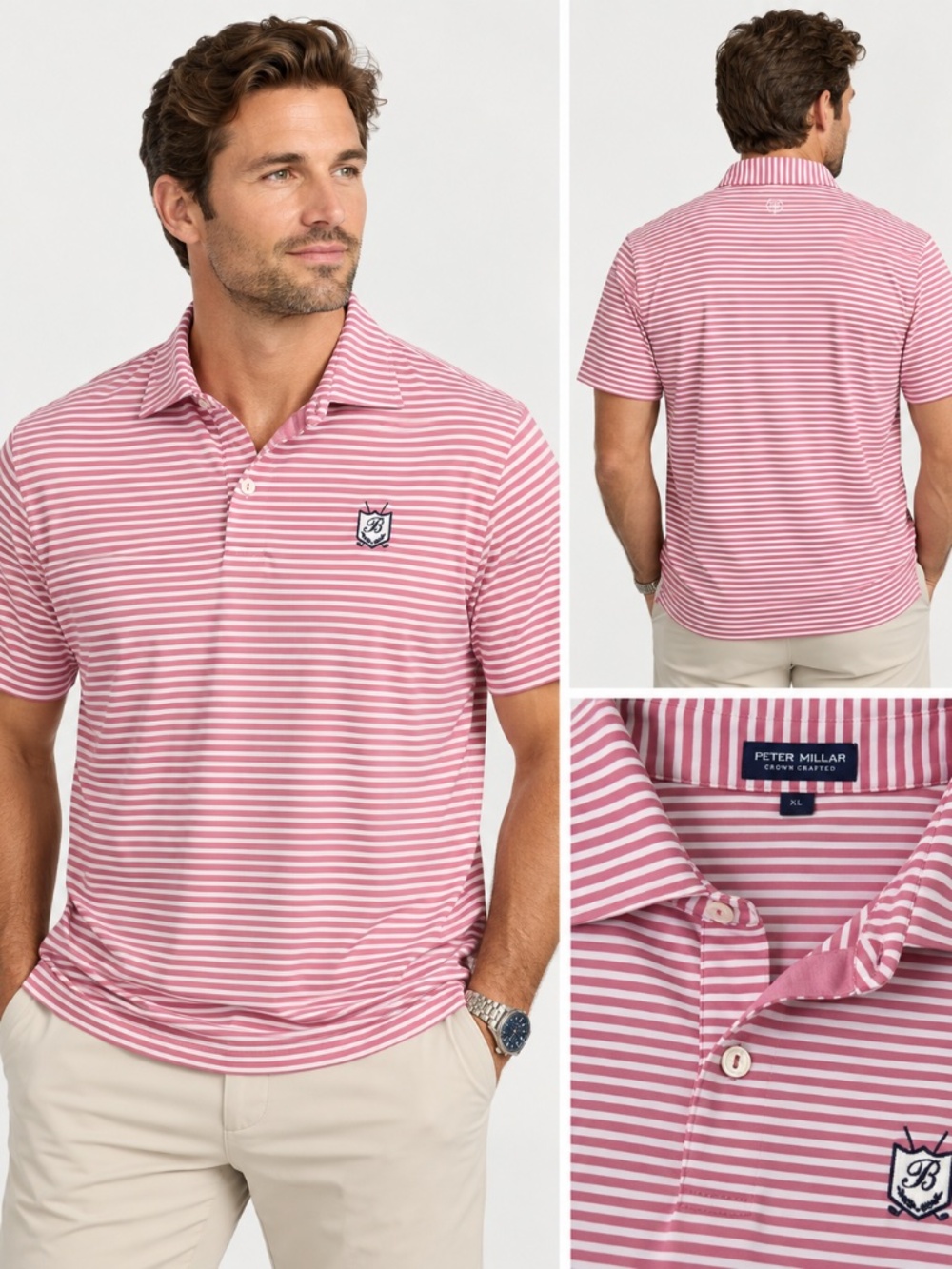 Peter Millar Crown Crafted Mens XL Pink Stripe Golf Polo Shirt Crest Logo Preppy